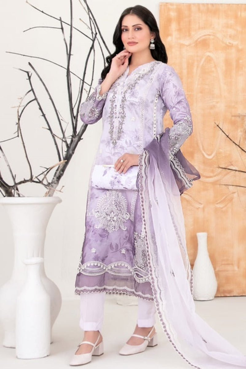 Mulan By Tawakkal – Elegant Lavender Embroidered Organza Suit
