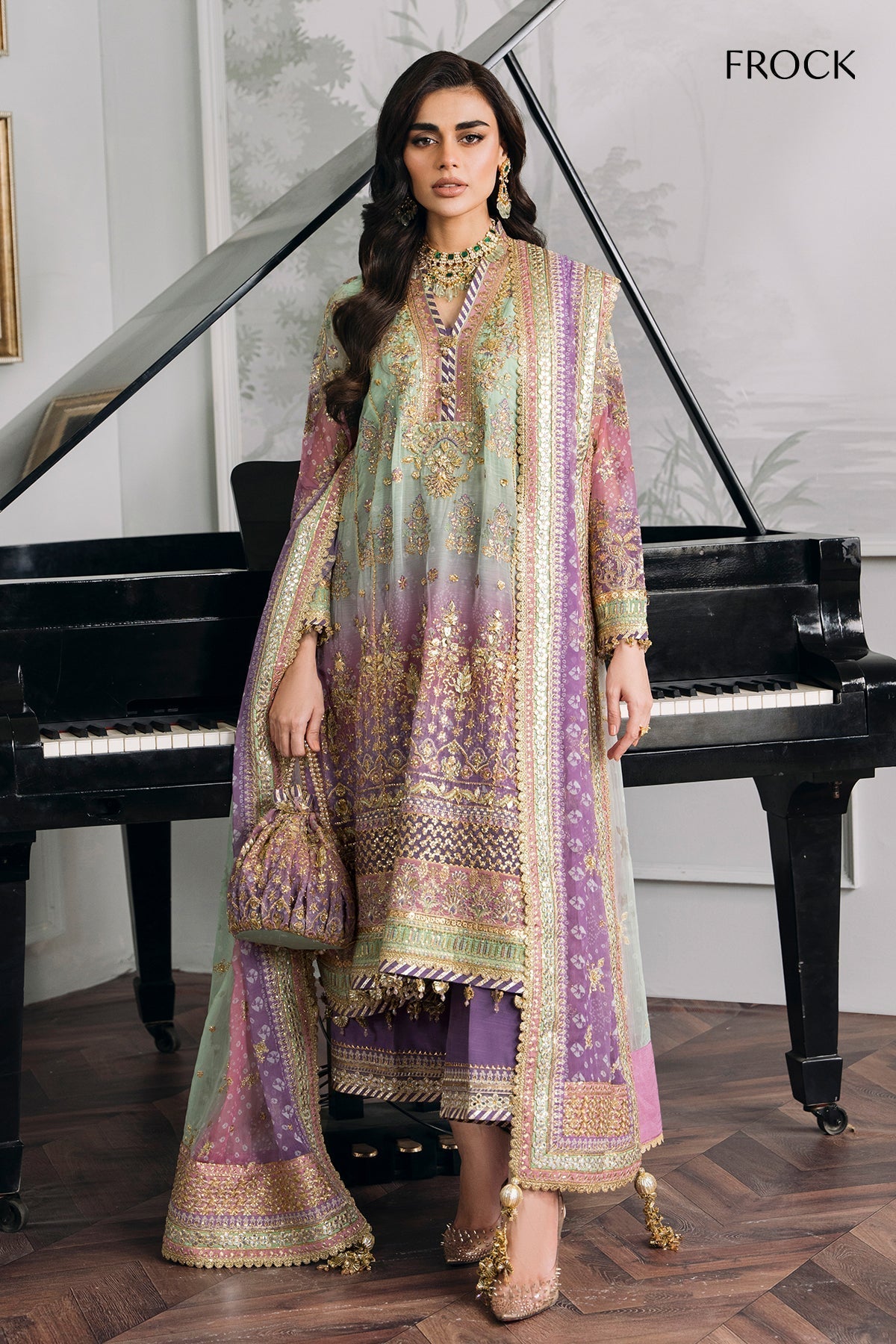 Back on Demand! Baroque stitched Chiffon Suit with Silk Trouser