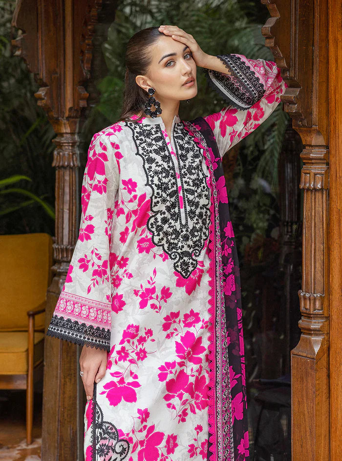 03-Piece Embroidered Printed Lawn With Chiffon Dupatta - Ready To Wear