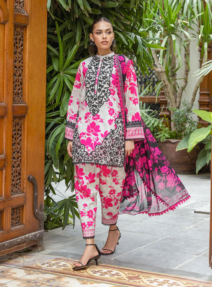 03-Piece Embroidered Printed Lawn With Chiffon Dupatta - Ready To Wear