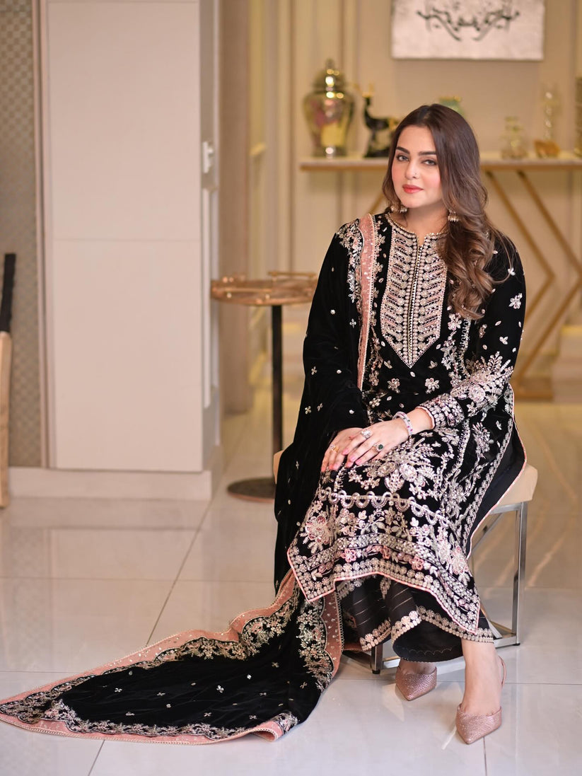 3  Piece Stitched Velvet Suit  - Ready to Wear