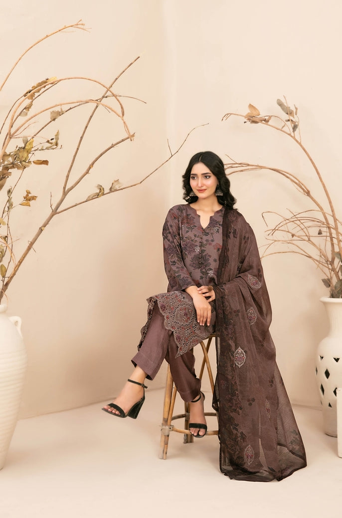 3 Piece Stitched Lawn suit – Alvira By Tawakkal Fabrics