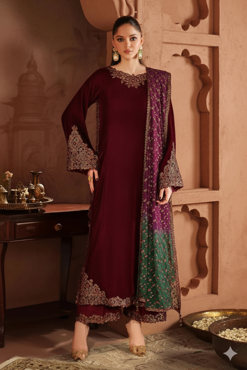 3 Piece Stitched  Velvet  suit - Ready  to  Wear